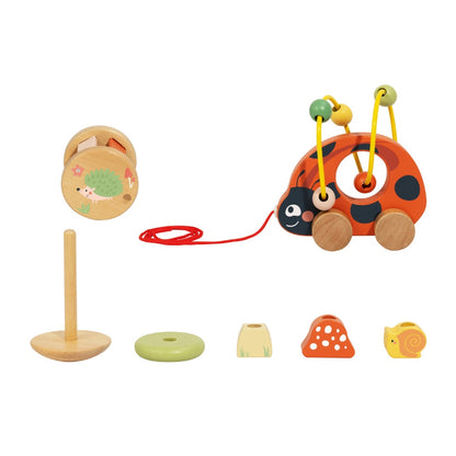 TookyToy - 3-in-1 Wooden Toy Gift Set: Ladybug Pull-Along, Rattle and Stacking