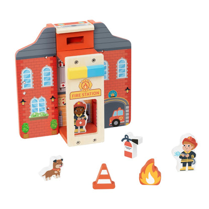 TookyToy - Pretend Play Wooden Fire Truck Toy Set - 7 Pieces