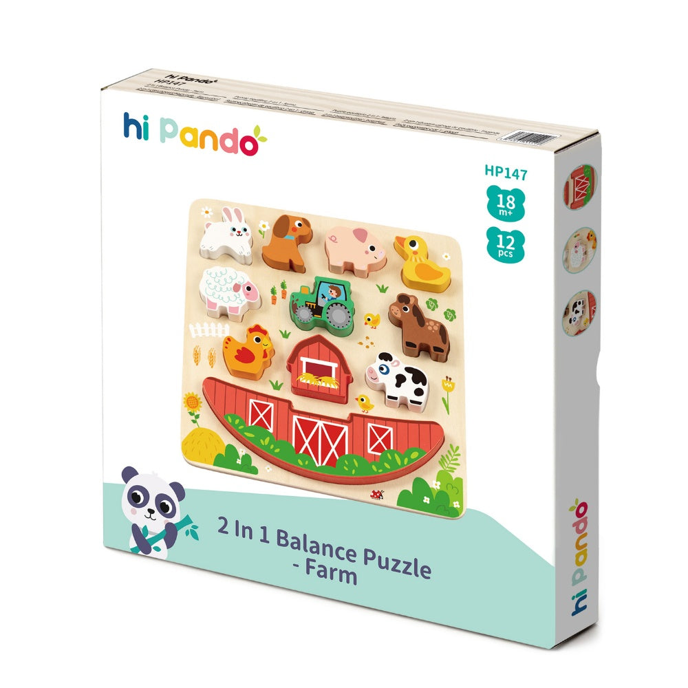 hi Pando - 2-in-1 Wooden Balancing Game and Puzzle: Farm 12 Pieces