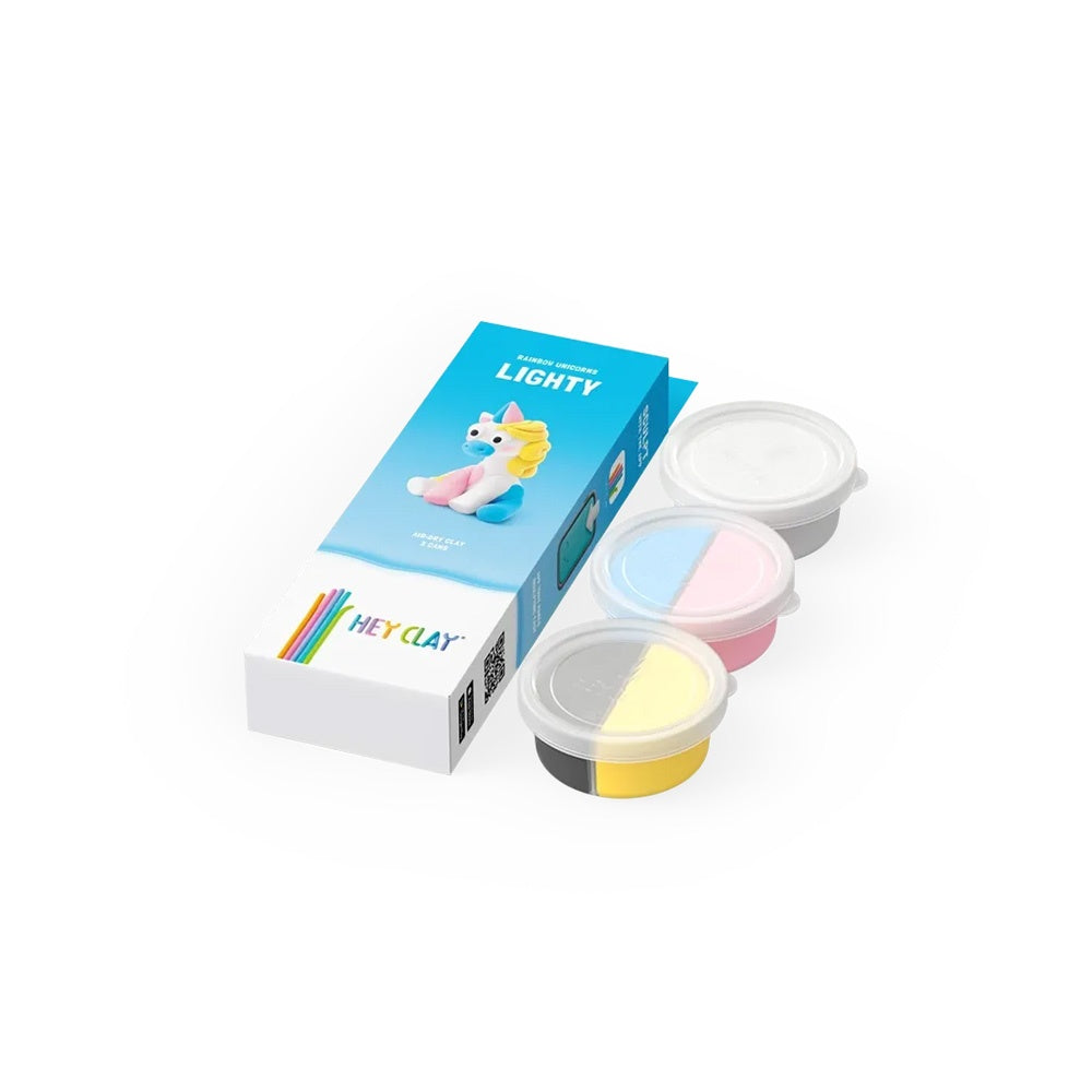 Hey Clay - Modelling Air-Dry Clay with Fun Interactive App - Lighty, Series Rainbow Unicorns, 3 cans