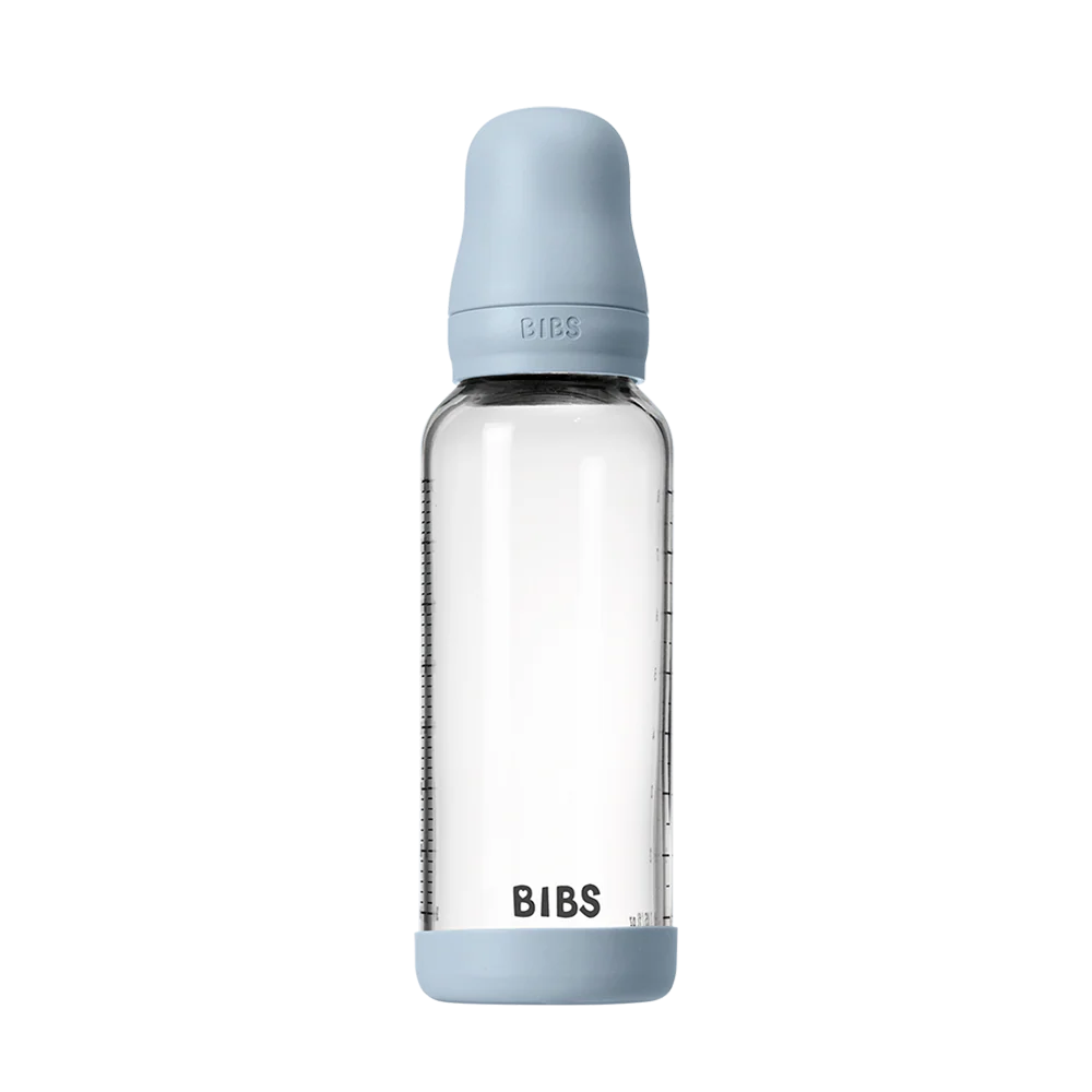 BIBS Glass Baby Bottle Round Silicone 240 ml Medium Flow Baby Blue