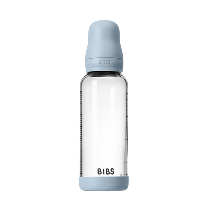 BIBS Glass Baby Bottle Round Silicone 240 ml Medium Flow Baby Blue - Motherhood