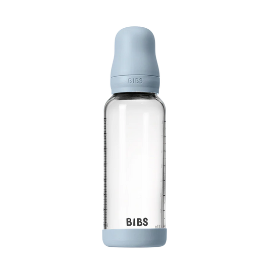 BIBS Glass Baby Bottle Round Silicone 240 ml Medium Flow Baby Blue