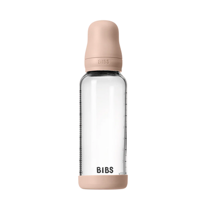 BIBS Glass Baby Bottle Round Silicone 240 ml Medium Flow Baby Blue - Motherhood