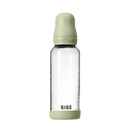 BIBS Glass Baby Bottle Round Silicone 240 ml Medium Flow Baby Blue - Motherhood