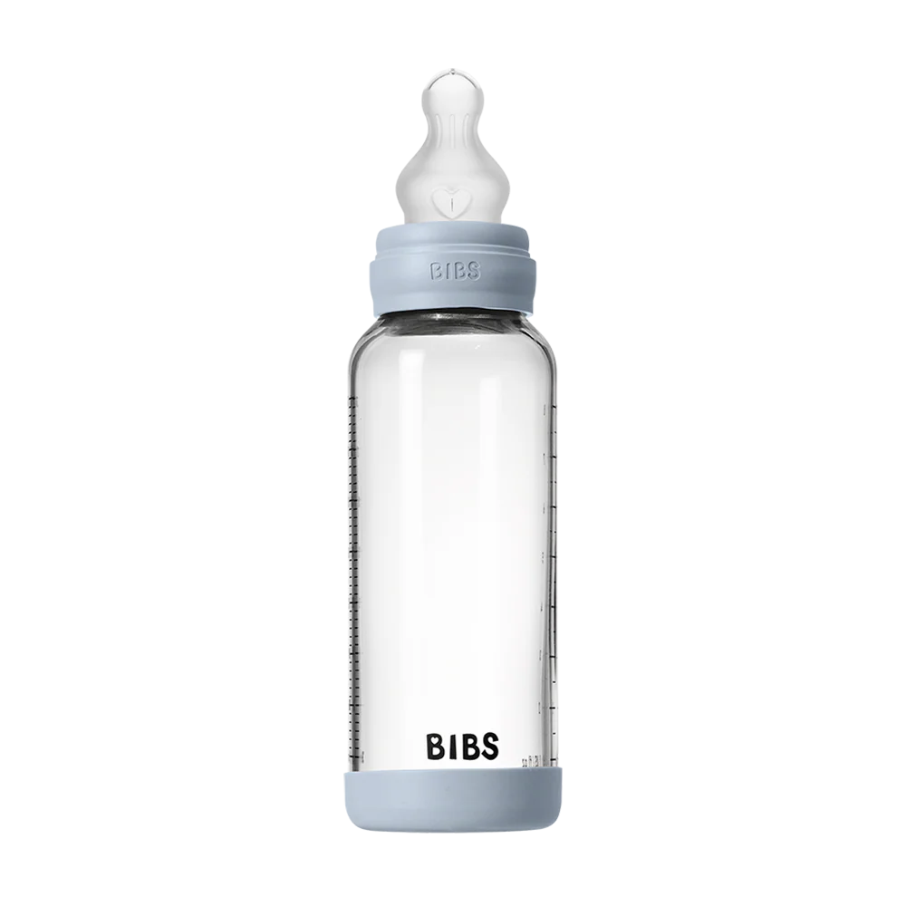 BIBS Glass Baby Bottle Round Silicone 240 ml Medium Flow Baby Blue