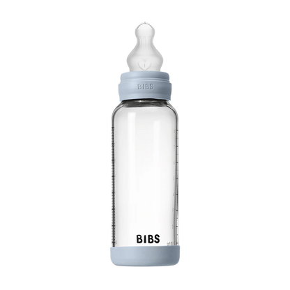 BIBS Glass Baby Bottle Round Silicone 240 ml Medium Flow Baby Blue - Motherhood