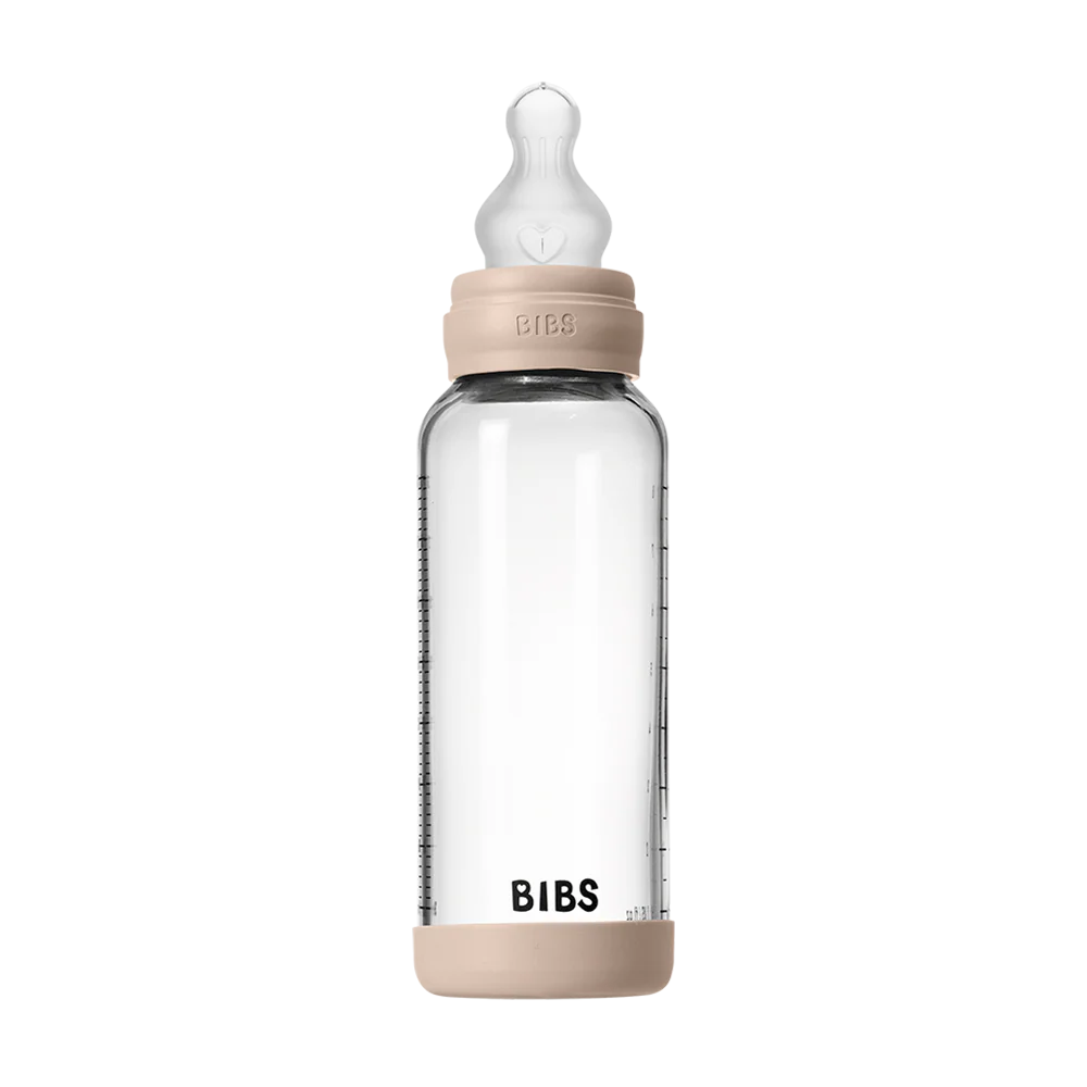 BIBS Glass Baby Bottle Round Silicone 240 ml Medium Flow Baby Blue