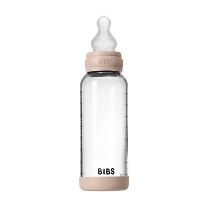 BIBS Glass Baby Bottle Round Silicone 240 ml Medium Flow Baby Blue - Motherhood