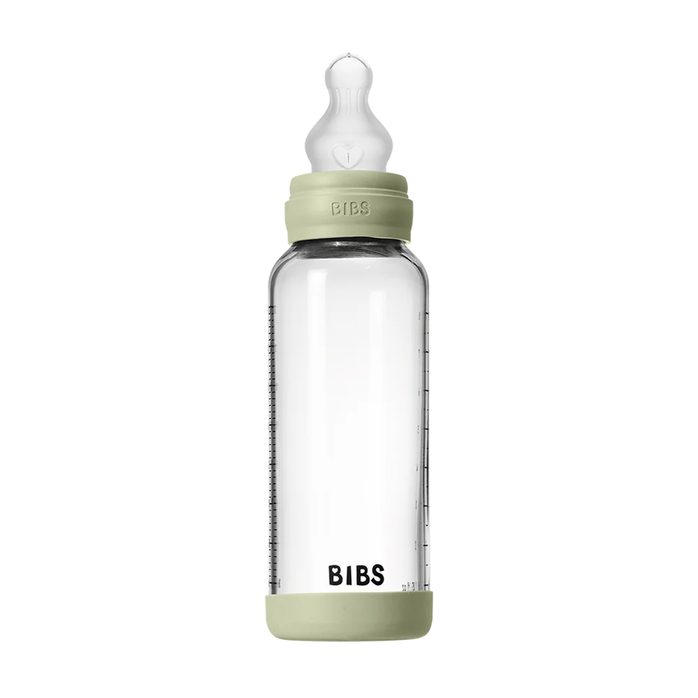 BIBS Glass Baby Bottle Round Silicone 240 ml Medium Flow Baby Blue
