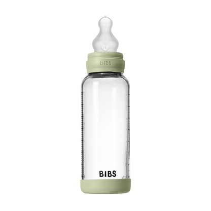 BIBS Glass Baby Bottle Round Silicone 240 ml Medium Flow Baby Blue - Motherhood
