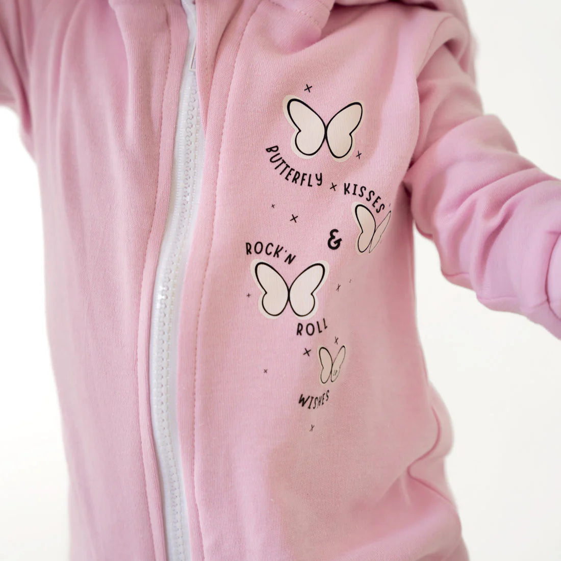 Lullaby Rock Butterfly Kisses Zip-Up Onesie – Baby Pink Hooded Fleece Onesie - Motherhood