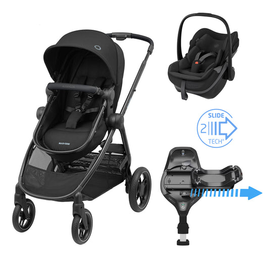Maxi-Cosi Zelia³ Travel System with Pebble Slide Pro & FamilyFix Slide Pro in Essential Black