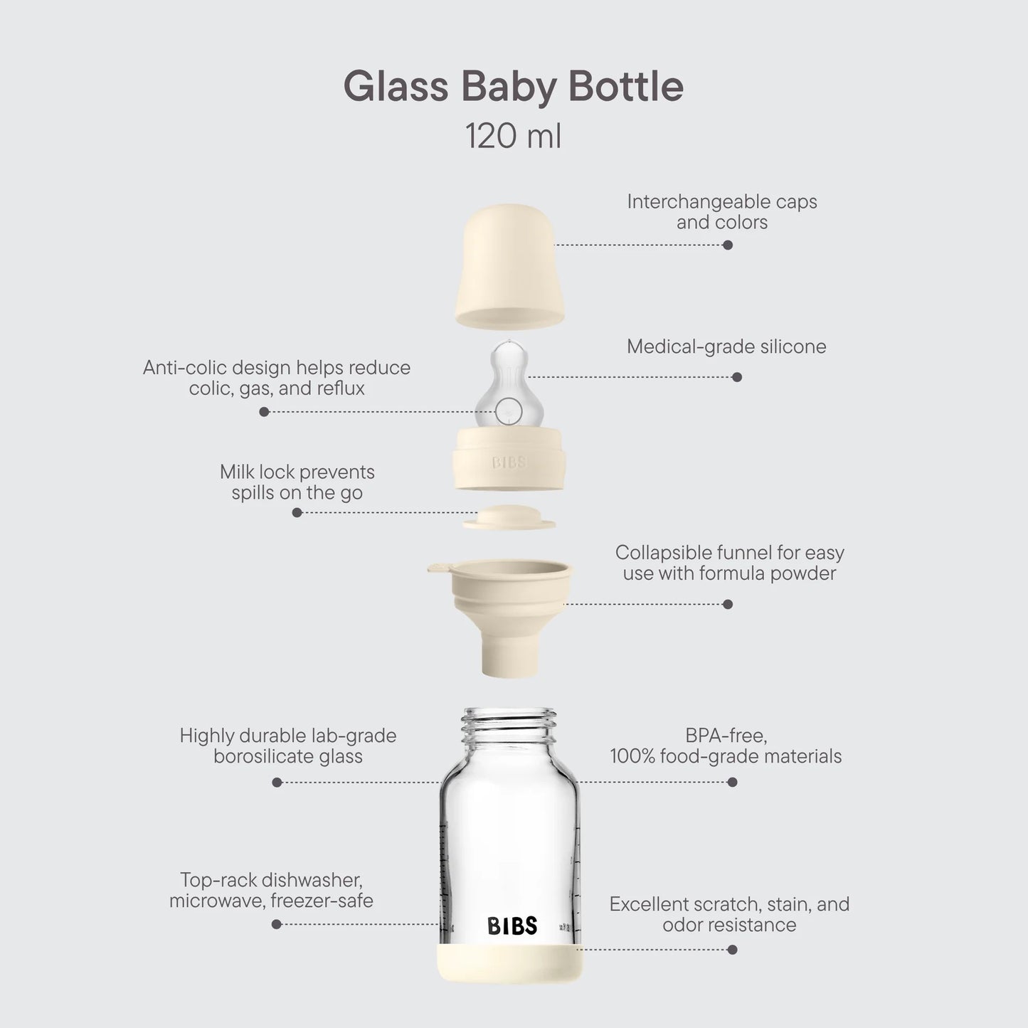 BIBS Glass Baby Bottle Round Silicone 120 ml - Motherhood