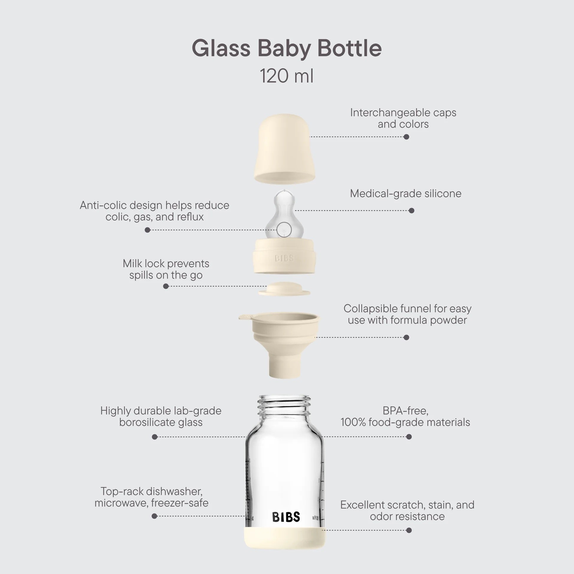 BIBS Glass Baby Bottle Round Silicone 120 ml - Motherhood