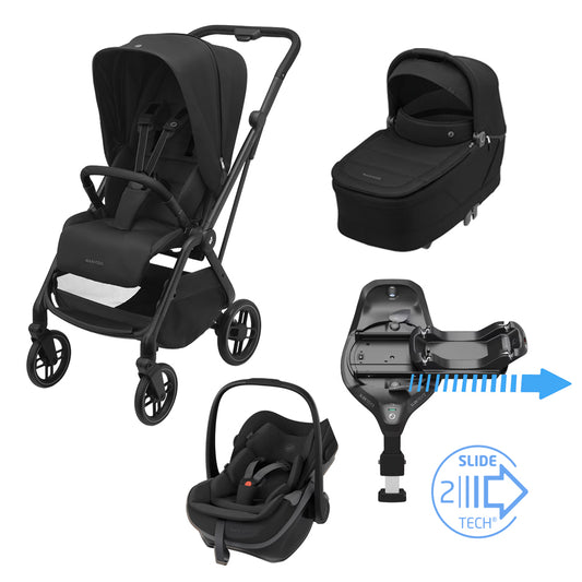 Maxi-Cosi Leona² Travel System: Leona² Stroller + Sense Carrycot + Pebble Slide Pro Car Seat + FamilyFix Slide Pro Slide Base in Black