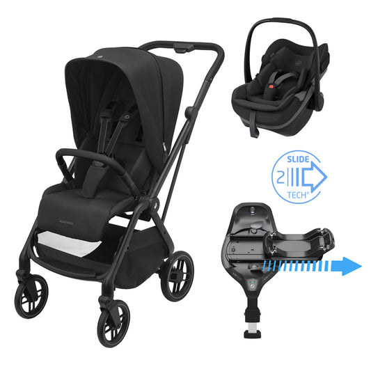 Maxi-Cosi Leona² Travel System with Pebble Slide Pro & FamilyFix Slide Pro in Black