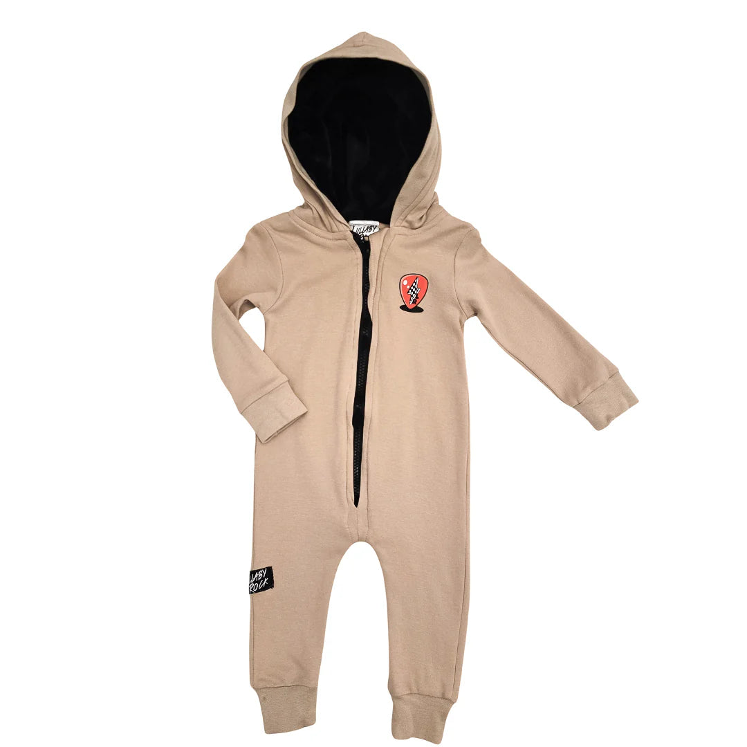Lullaby Rock Rockstar Vibes Zip-Up Onesie in Tan – Hooded Fleece Onesie - Motherhood