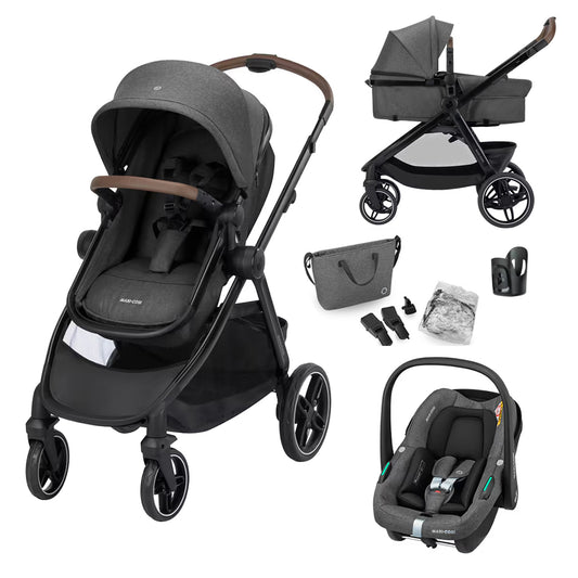 Maxi-Cosi Zelia S Trio² Travel System: Zelia S Trio² Stroller + CabrioFix i-Size Car Seat + Nursery Bag in Dark Grey