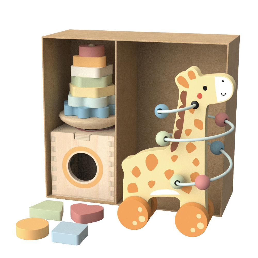TookyToy - 3-in-1 Wooden Gift Set - Giraffe Pull-Along, Stacking Tower and Shape Sorter