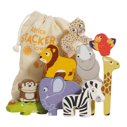 Le Toy Van - Wooden Stacking African Animals & Bag - 10pcs