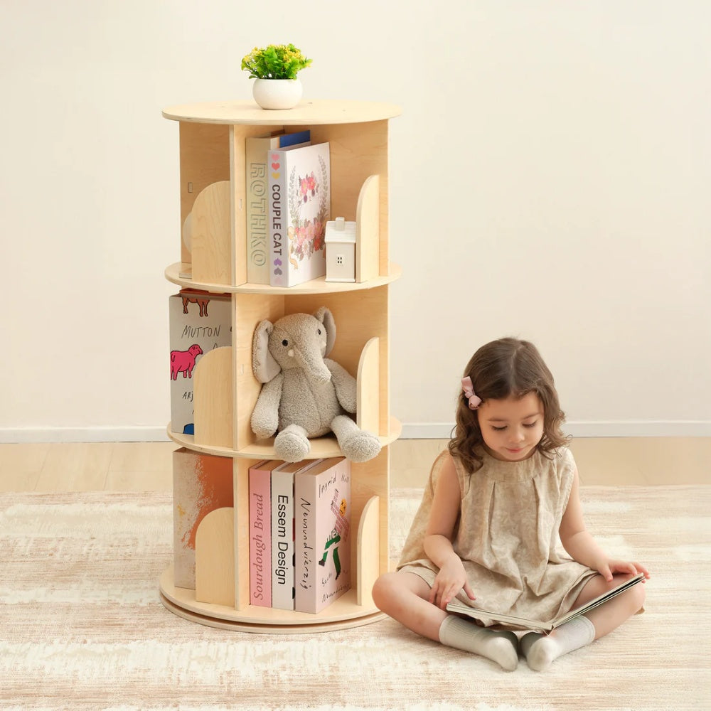 TookyToy - Wooden Rotating Bookshelf, Standing Bookcase for Kids Room