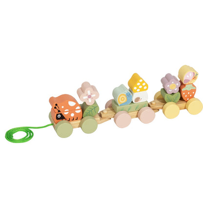TookyToy - Wooden Ladybug Pull-Along & Stacking Train Toy Set - 15 Pieces