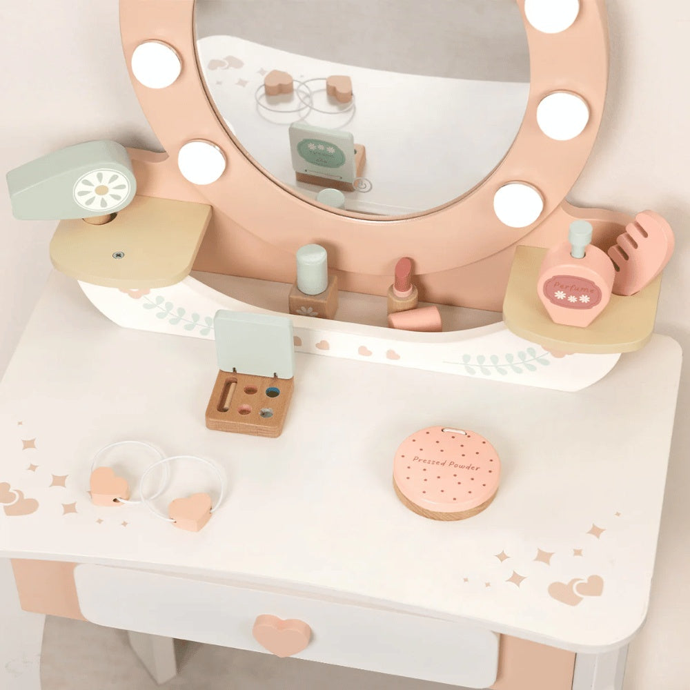 TookyToy - Wooden Vanity Table with Light-Up Mirror & Stool