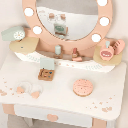 TookyToy - Wooden Vanity Table with Light-Up Mirror & Stool