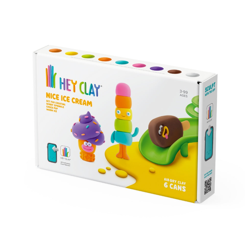 Hey Clay - Modelling Air-Dry Clay with Fun Interactive App - Windy Sprinkle, Warm Ice, Choco Pop, Series Nice Ice Cream, 6 cans