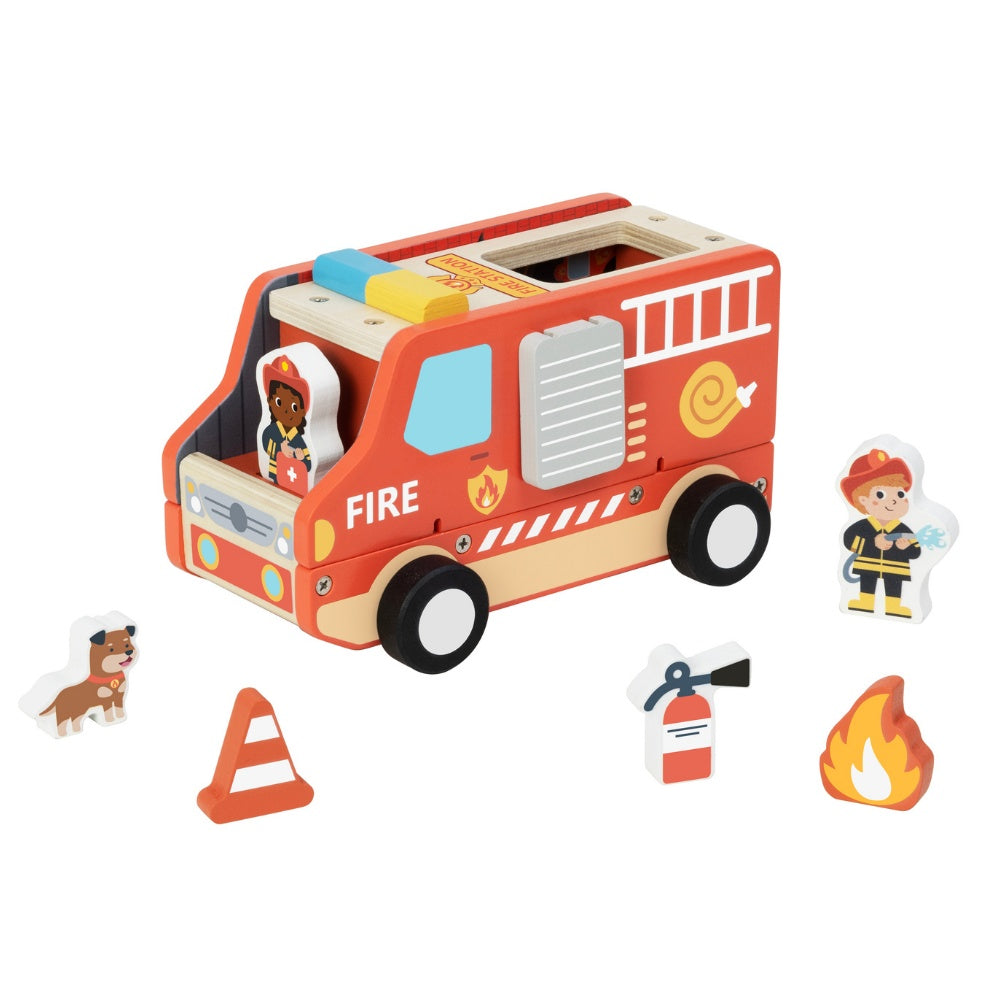 TookyToy - Pretend Play Wooden Fire Truck Toy Set - 7 Pieces