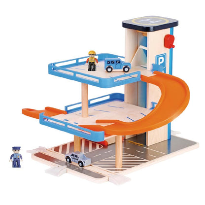 TopBright - Wooden Parking Garage Playset - 3-Level Car Ramp Toy with Cars