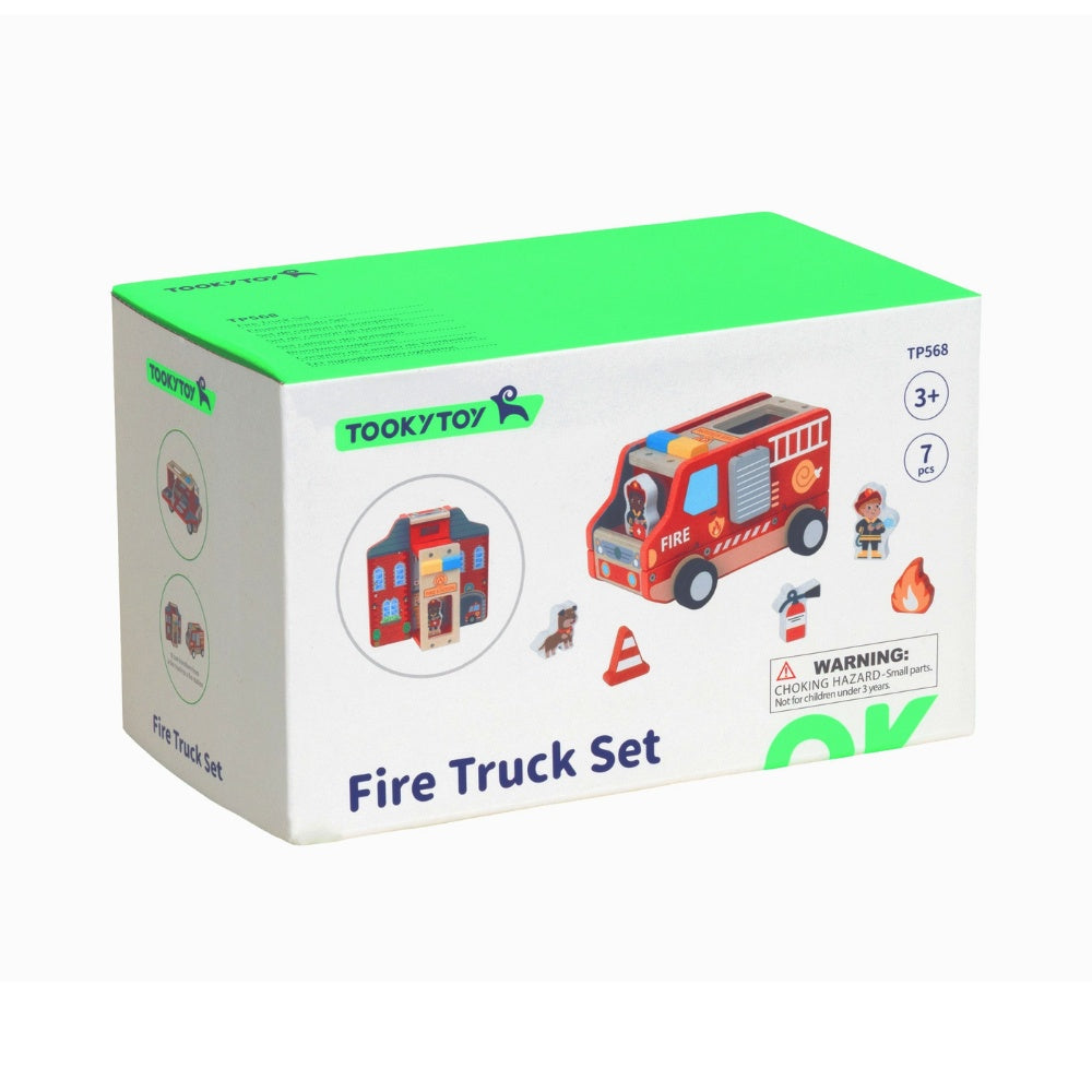 TookyToy - Pretend Play Wooden Fire Truck Toy Set - 7 Pieces