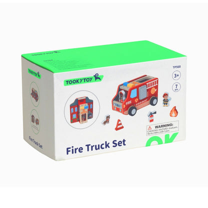 TookyToy - Pretend Play Wooden Fire Truck Toy Set - 7 Pieces