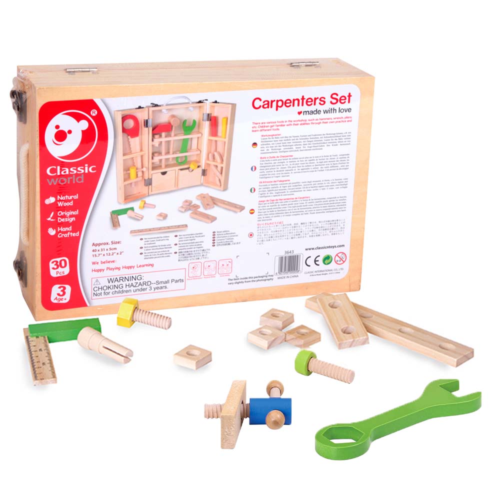 Classic World - Pretend & Play - Carpenters Toy Set - 30pcs - Wooden Case