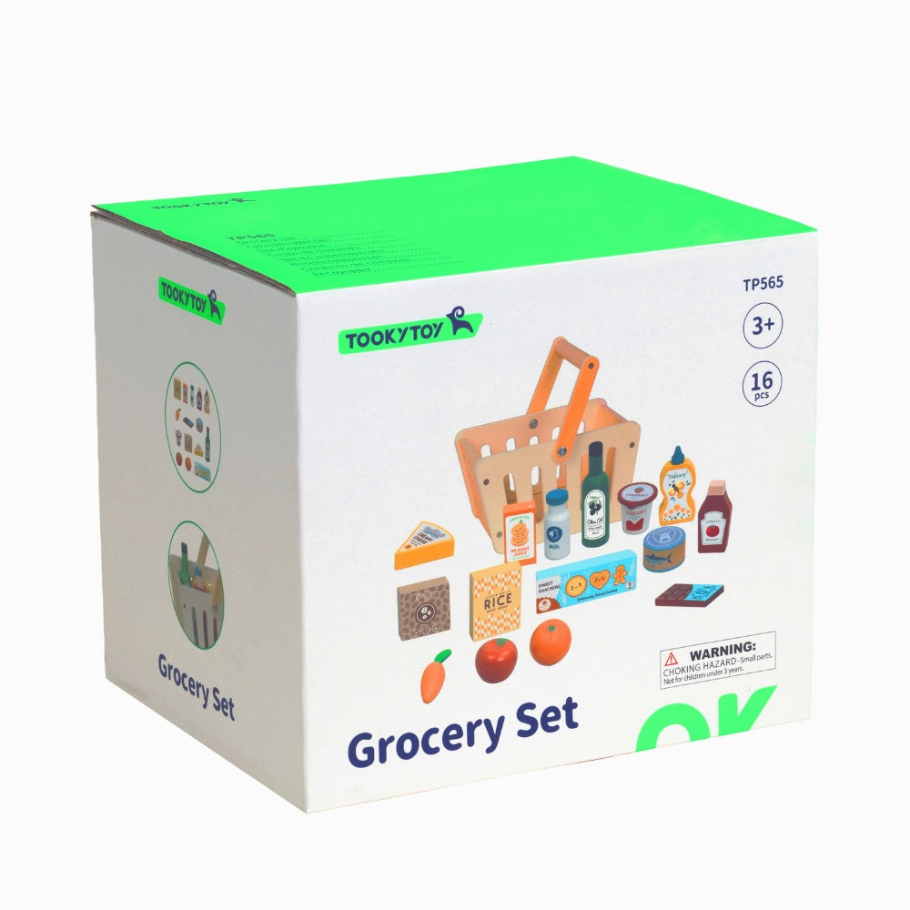TookyToy - Pretend Play Wooden Grocery Basket Toy Set - 16 Pieces