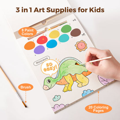 Jar Meló - Watercolour Painting Book - 20 Pages & Paint Brush - Dinosaurs