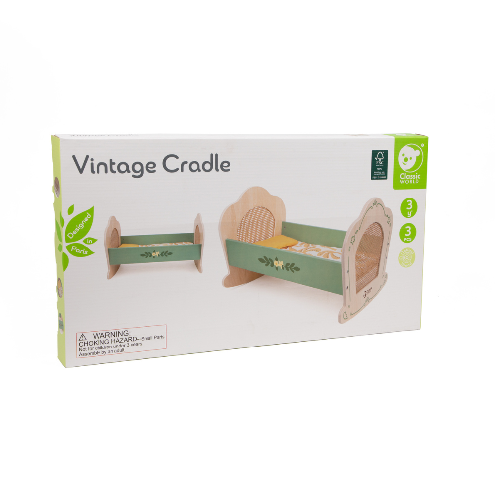 Classic World - Pretend & Play - Vintage Wooden Doll Cradle - 3pcs