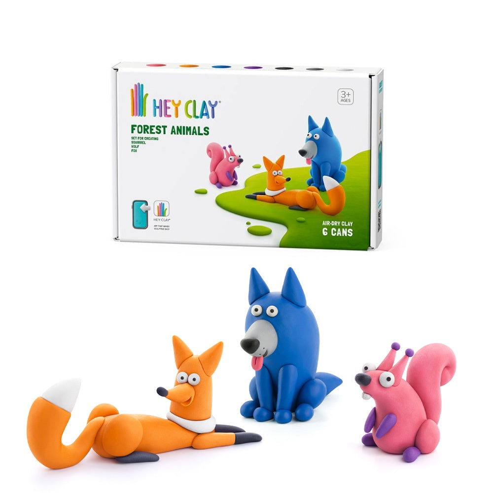 Hey Clay - Modelling Air-Dry Clay with Fun Interactive App - Wolf, Fox, Squirrel, Series Forest Animals, 6 cans