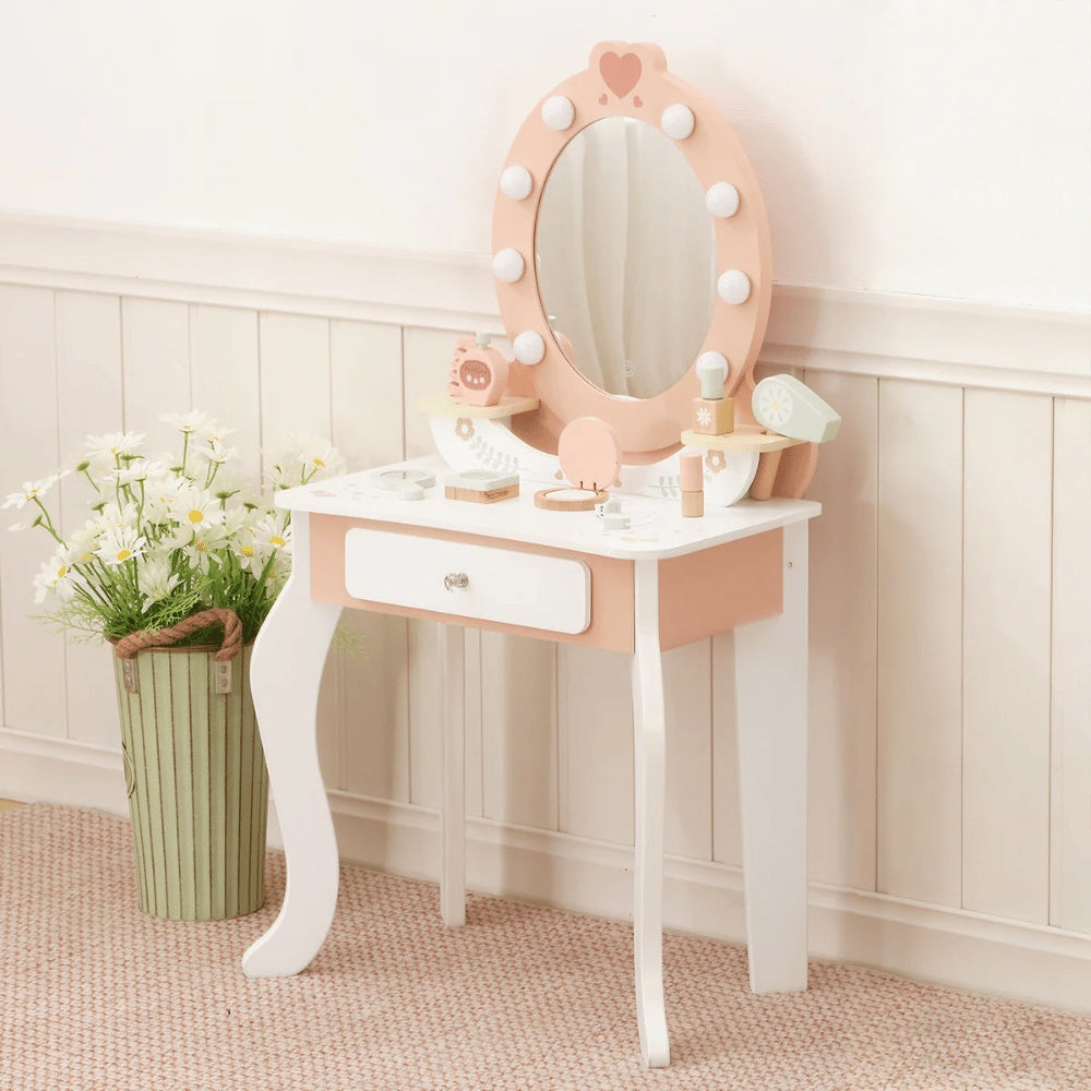 TookyToy - Wooden Vanity Table with Light-Up Mirror & Stool