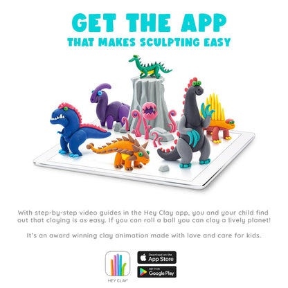 Hey Clay - Modelling Air-Dry Clay with Fun Interactive App - Ankylosaurus, Parasaurolophus, Therizinosaurus, Series Mega Dinos, 6 cans