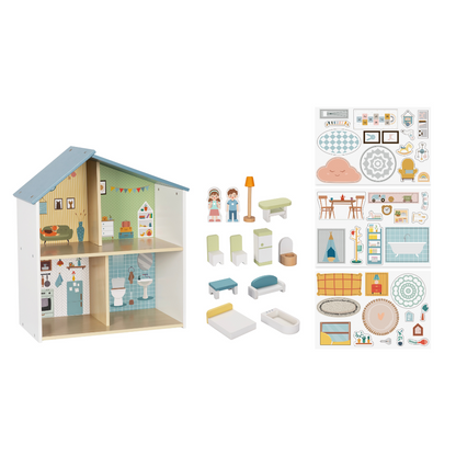 hi Pando - Pretend & Play - Wooden Doll House With Figurines - 14pcs
