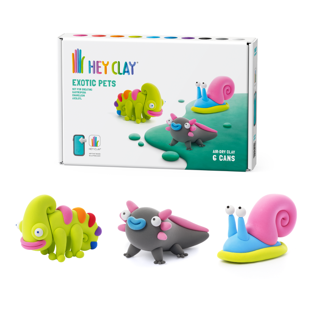 Hey Clay - Modelling Air-Dry Clay with Fun Interactive App - Chameleon, Gastropoda, Axolotl, Series Exotic Pets, 6 cans