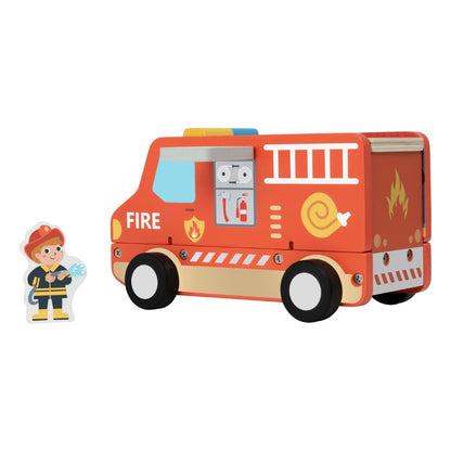 TookyToy - Pretend Play Wooden Fire Truck Toy Set - 7 Pieces
