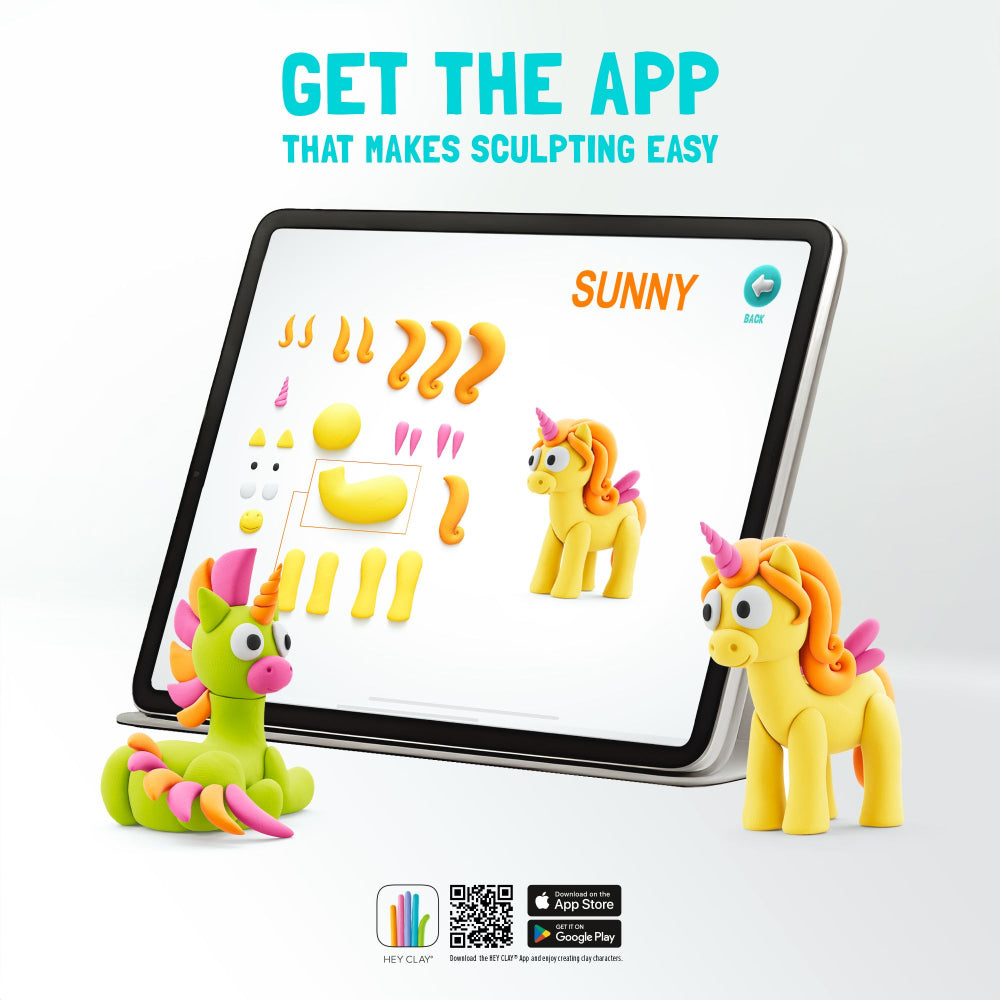 Hey Clay - Modelling Air-Dry Clay with Fun Interactive App - Brighty, Cloudy, Sparky, Series Rainbow Unicorns, 6 cans