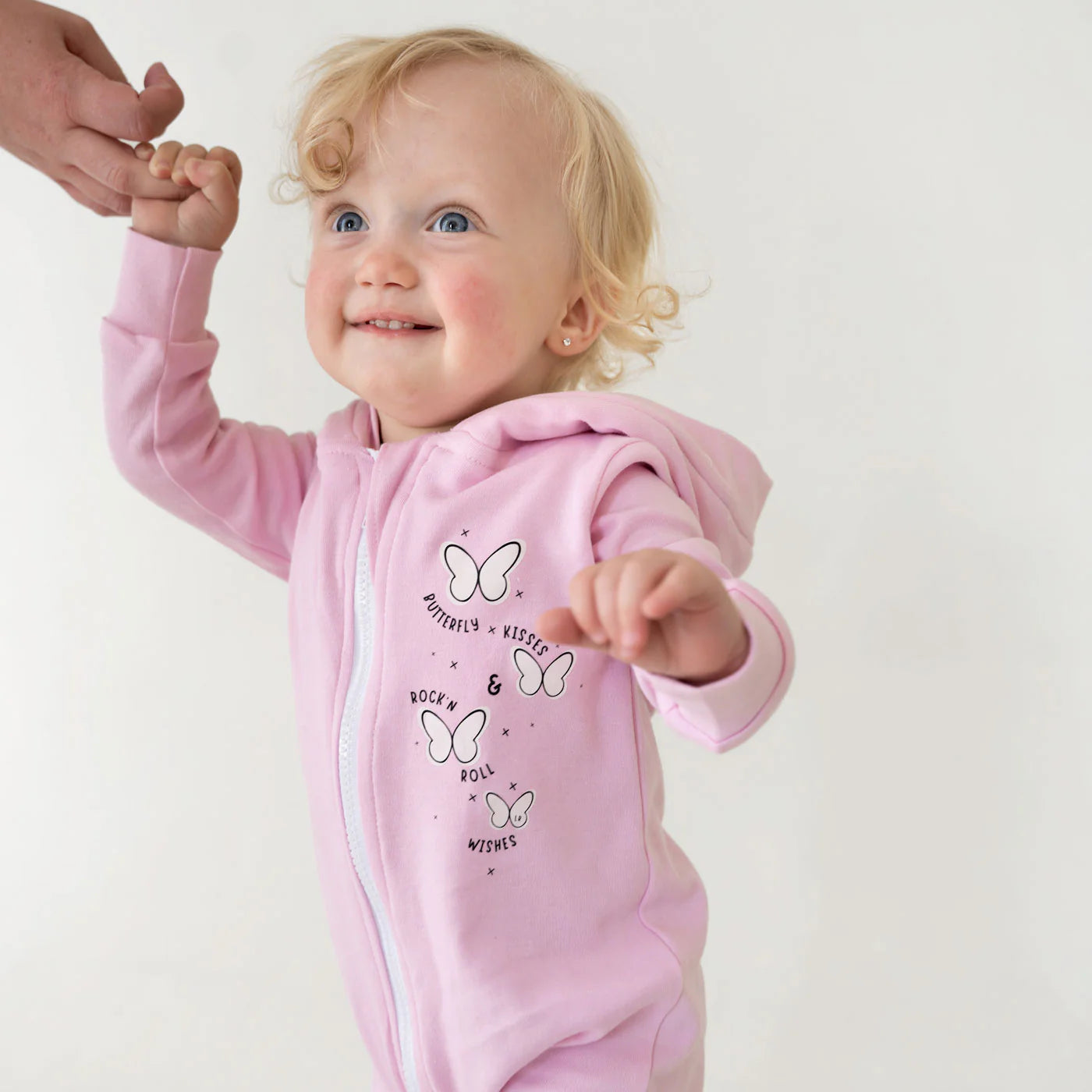 Lullaby Rock Butterfly Kisses Zip-Up Onesie – Baby Pink Hooded Fleece Onesie - Motherhood
