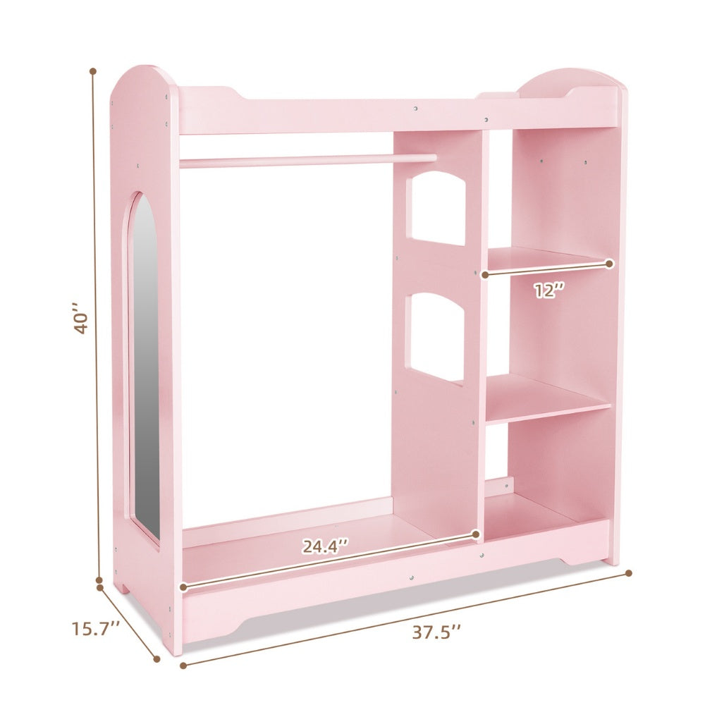 TookyToy - Wooden Kids Wardrobe and Dress Up Storage Unit with Mirror