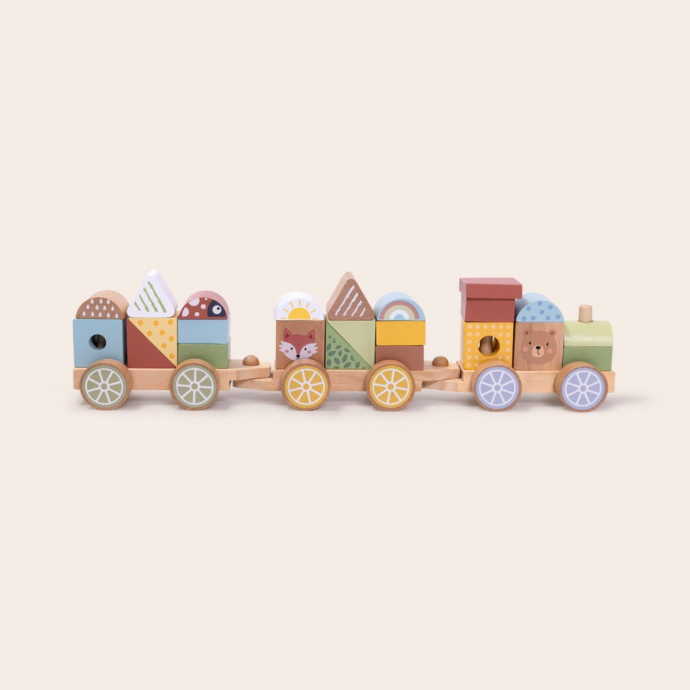 TookyToy - Wooden Pull-Along Stacking Train Toy Set - 26 Pieces