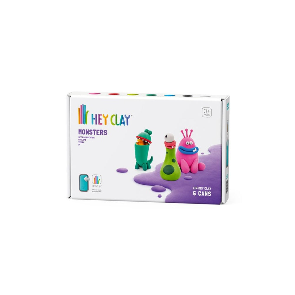 Hey Clay - Modelling Air-Dry Clay with Fun Interactive App - Cyclops, Terry, Pi, Series Monsters, 6 cans