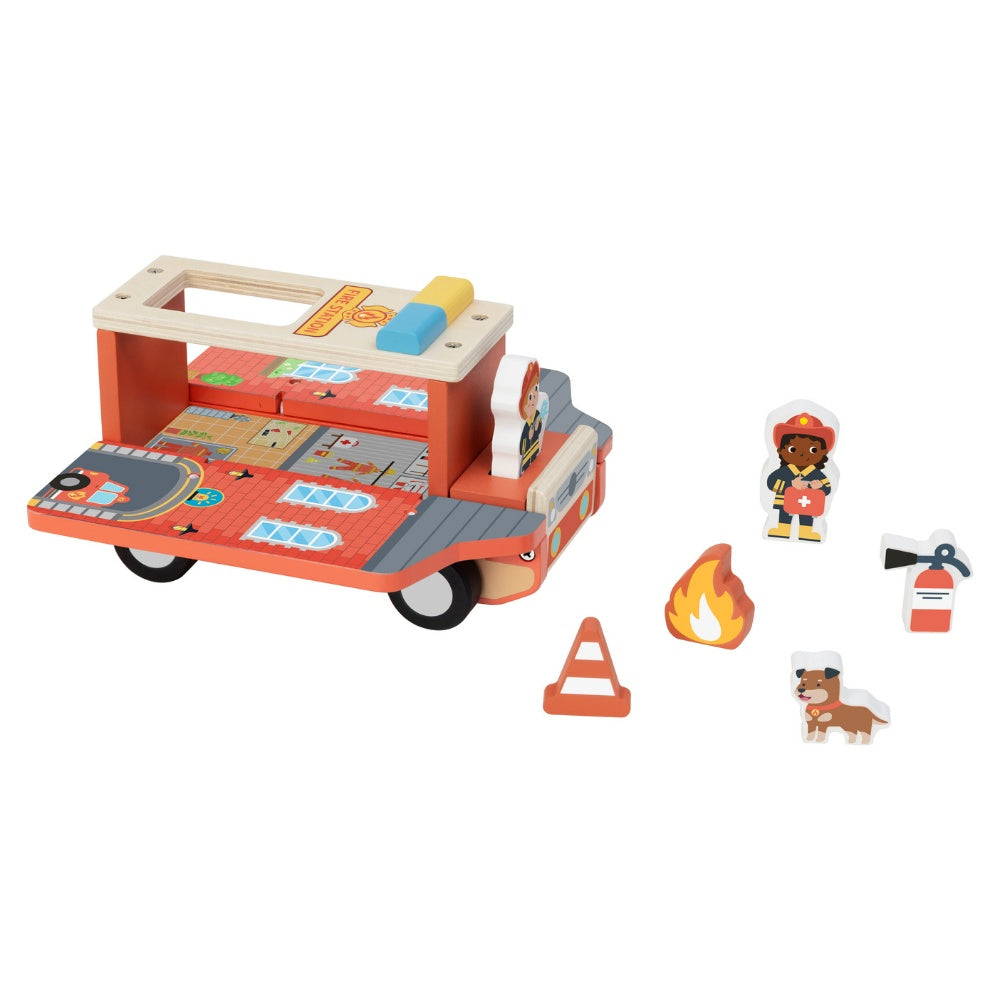 TookyToy - Pretend Play Wooden Fire Truck Toy Set - 7 Pieces